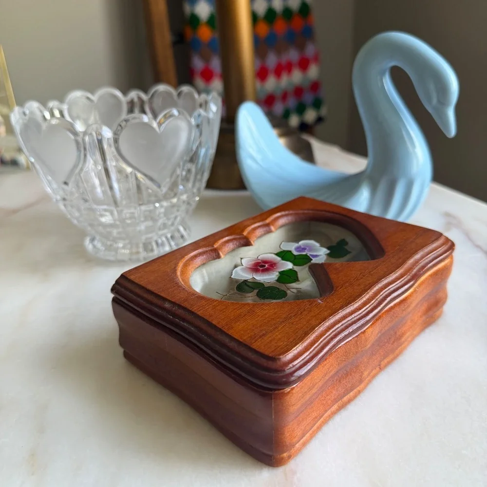 Vintage Wood Jewelry Box‎ Double Heart Floral Glass Inlay Trinket Box Organizer